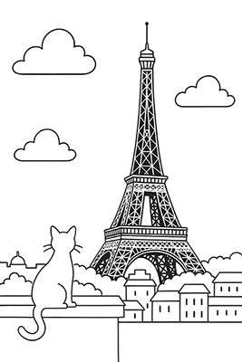 Coloriage tour Eiffel Chat